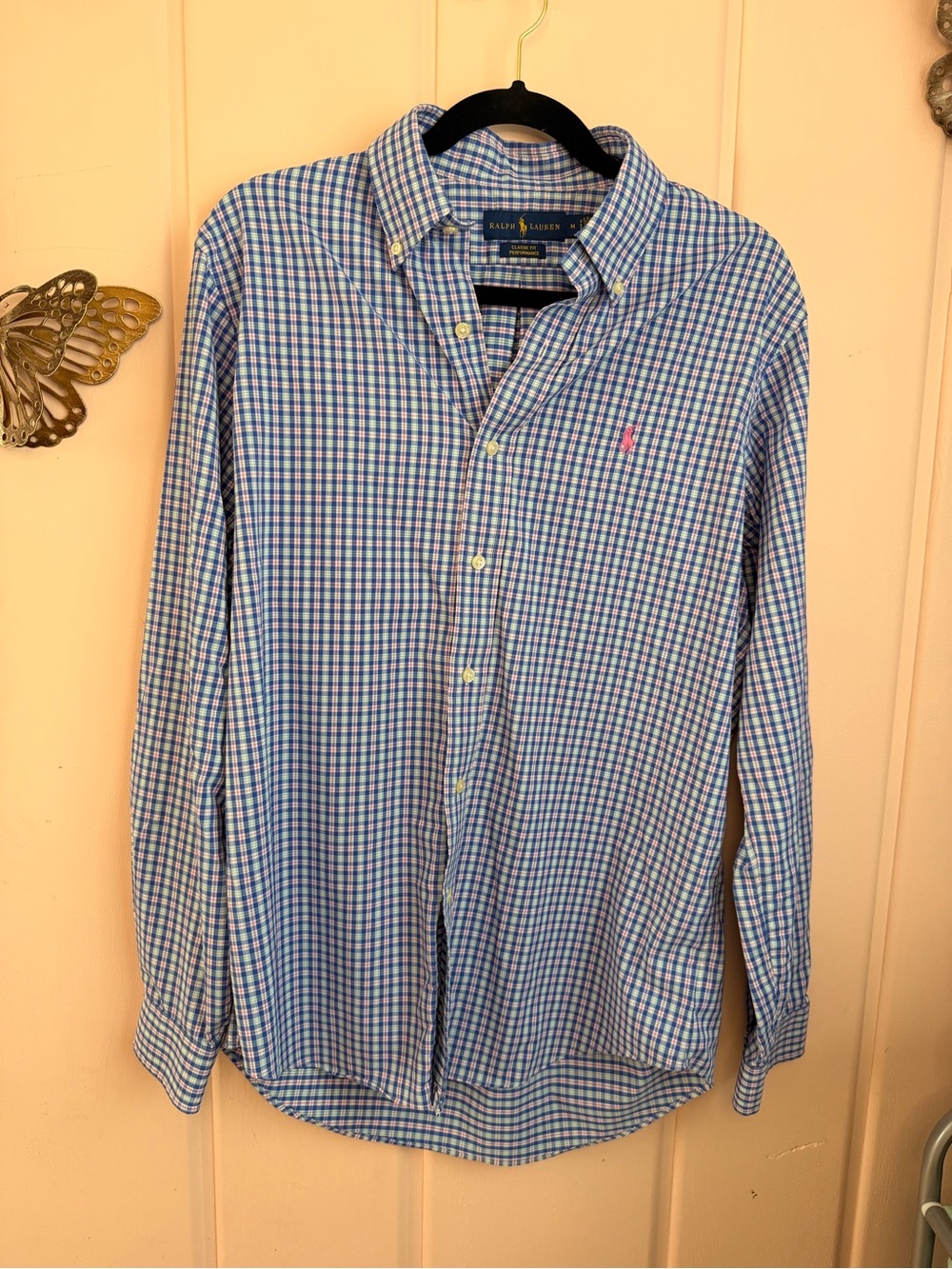 Ralph Lauren Performance Classic Fit Blue and Pink Gingham Button-Down Shirt szM